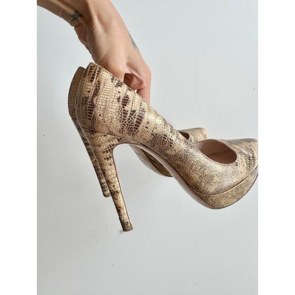 MIU MIU Beige Gold Brown Snakeskin Leather Round Toe Platform Pumps, Size 35.5 - Picture 3 of 16
